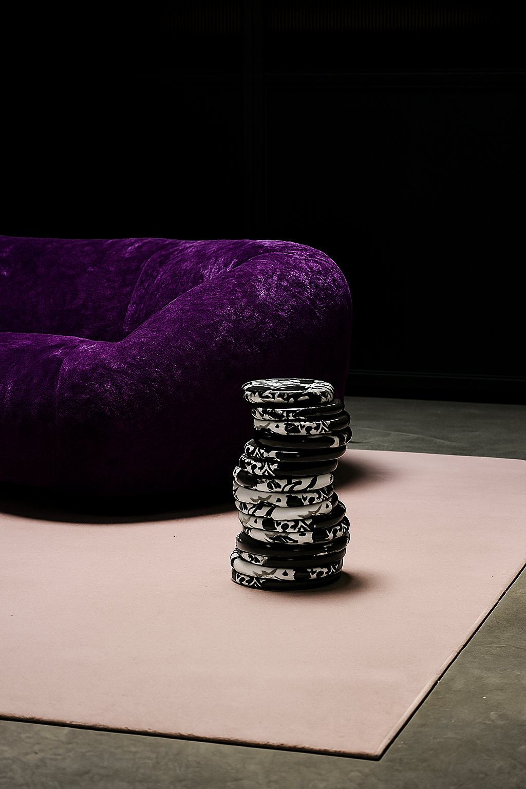 KORIS stacked marble sculpture on a pink rug